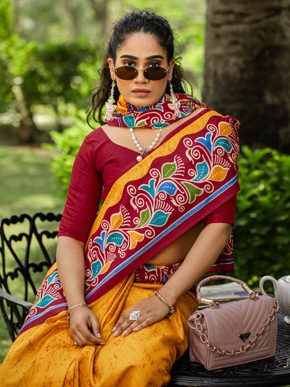 Yellow Block Print Cotton Blend Printed Saree