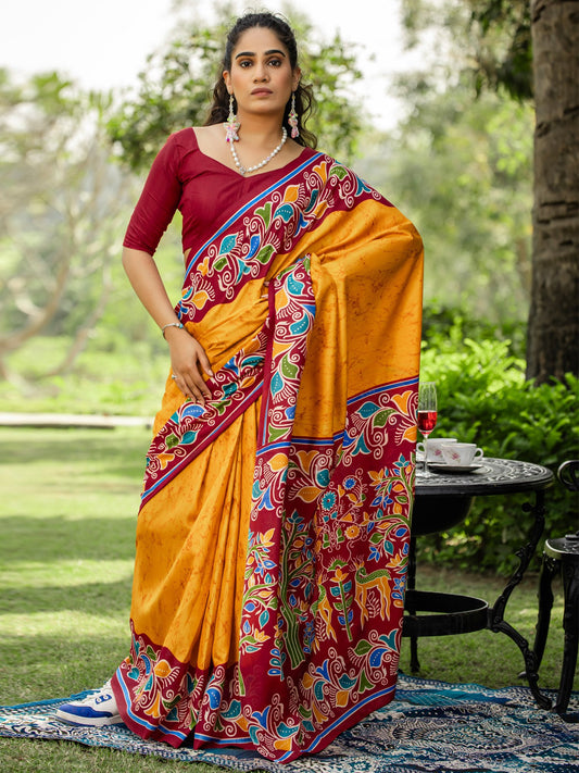 Yellow Yellow Block Print Cotton Blend Printed Saree