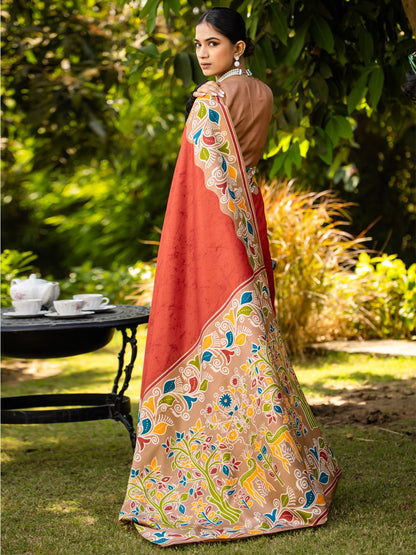 Rust Block Print Cotton Blend Printed Saree