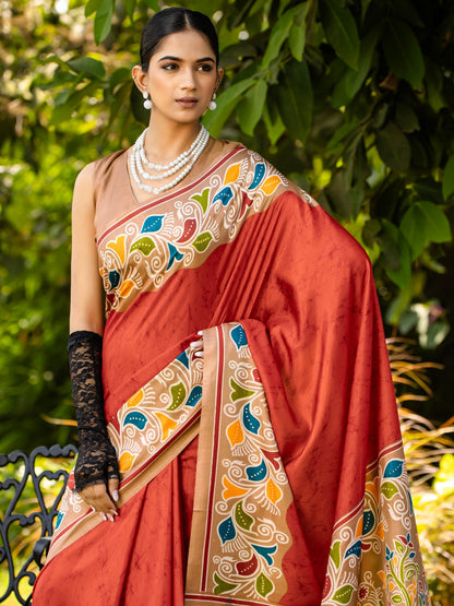 Rust Block Print Cotton Blend Printed Saree