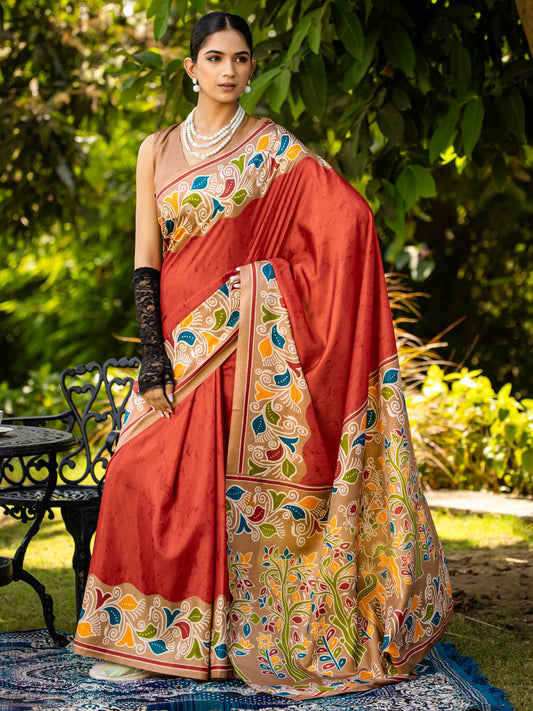 Red Rust Block Print Cotton Blend Printed Saree