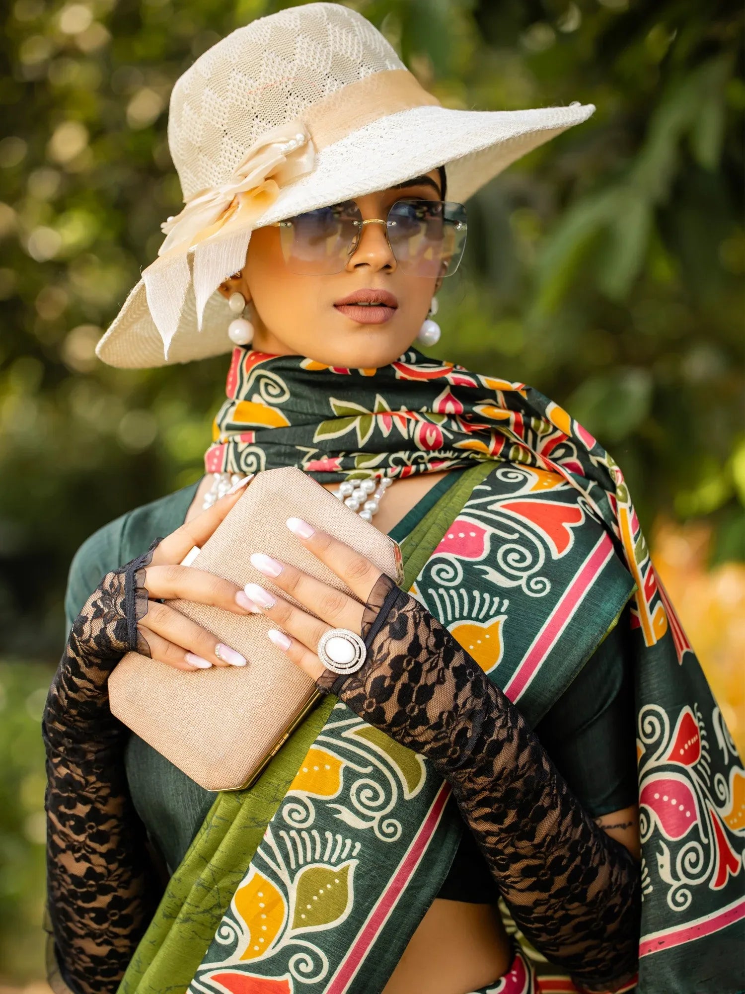 Green Block Print Cotton Blend Printed Saree