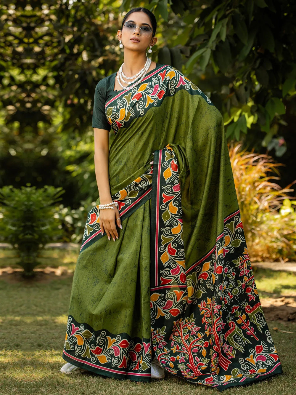 Green Green Block Print Cotton Blend Printed Saree