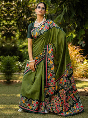 Green Green Block Print Cotton Blend Printed Saree