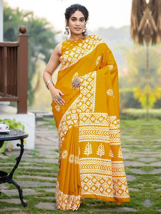 Yellow Mustard Bagh Cotton Blend Printed Saree