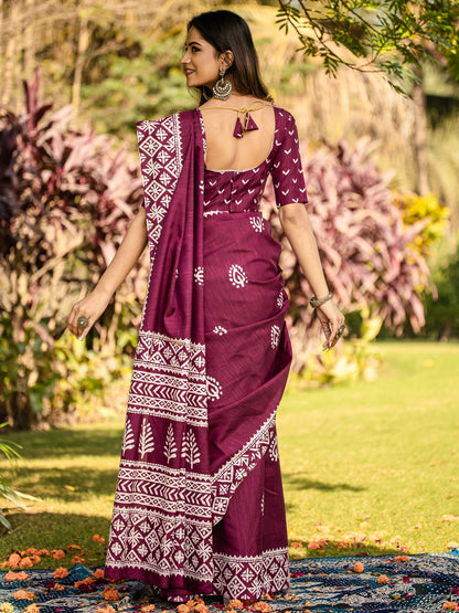 Burgundy Bagh Cotton Blend Printed Saree