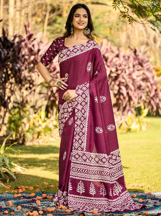 Purple Burgundy Bagh Cotton Blend Printed Saree