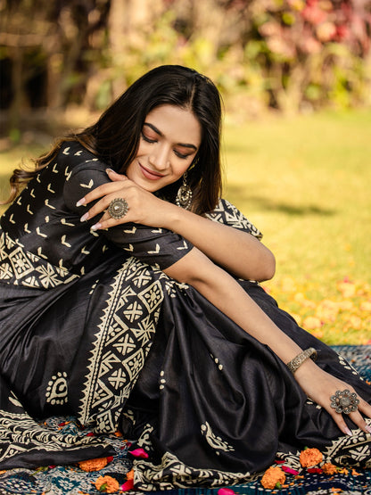 Black Bagh Cotton Blend Printed Saree