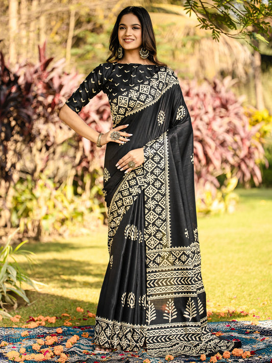 Black Black Bagh Cotton Blend Printed Saree