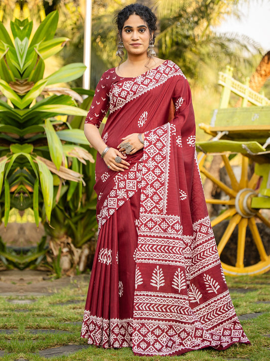 Maroon Maroon Bagh Cotton Blend Printed Saree