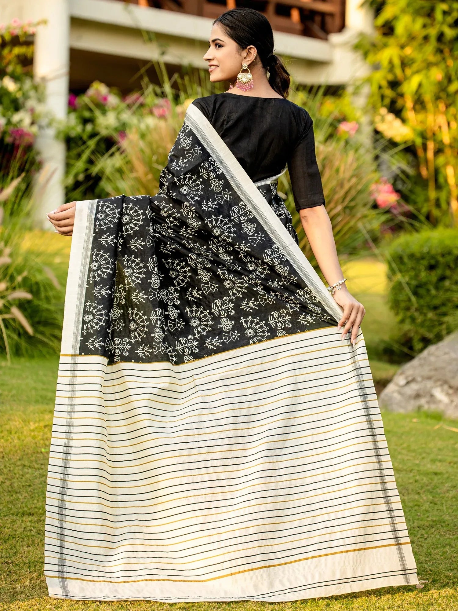 Black Block Print Bhagalpuri Silk Printed Saree