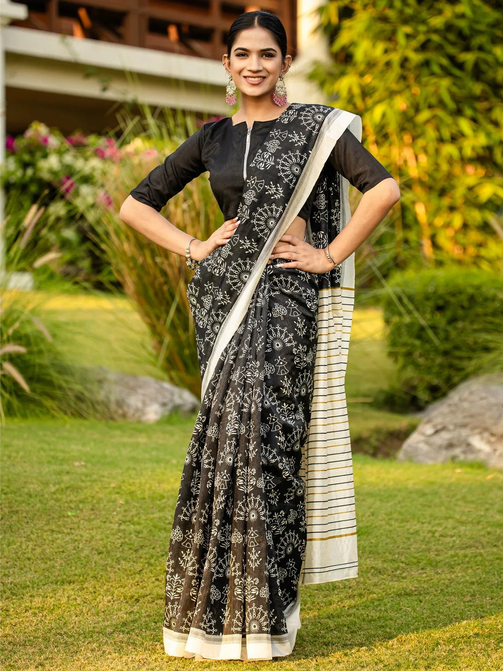 Black Black Block Print Bhagalpuri Silk Printed Saree