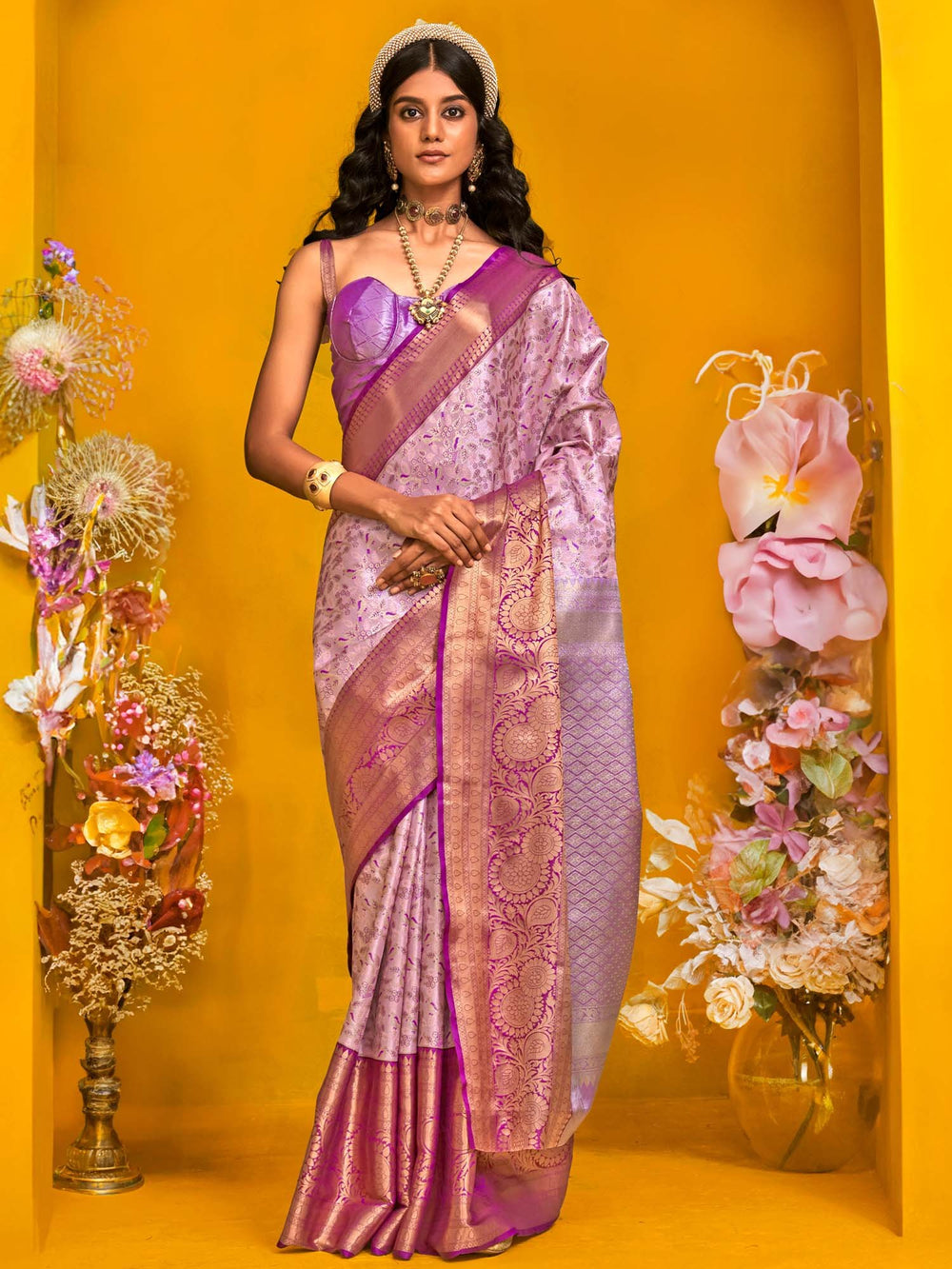 Lavender Lavendar Kanjeevaram Kanjeevaram Silk Woven Saree