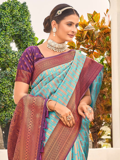 Blue Banarasi Silk Blend Woven Saree