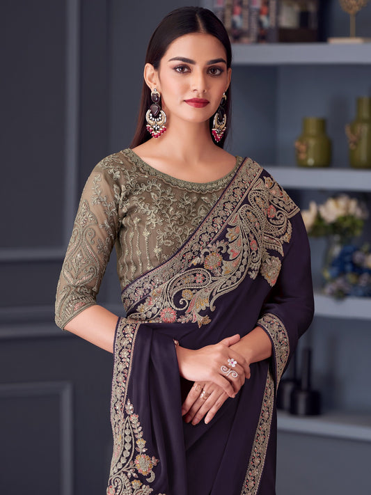 Purple Violet Party Wear Satin Embellished Saree