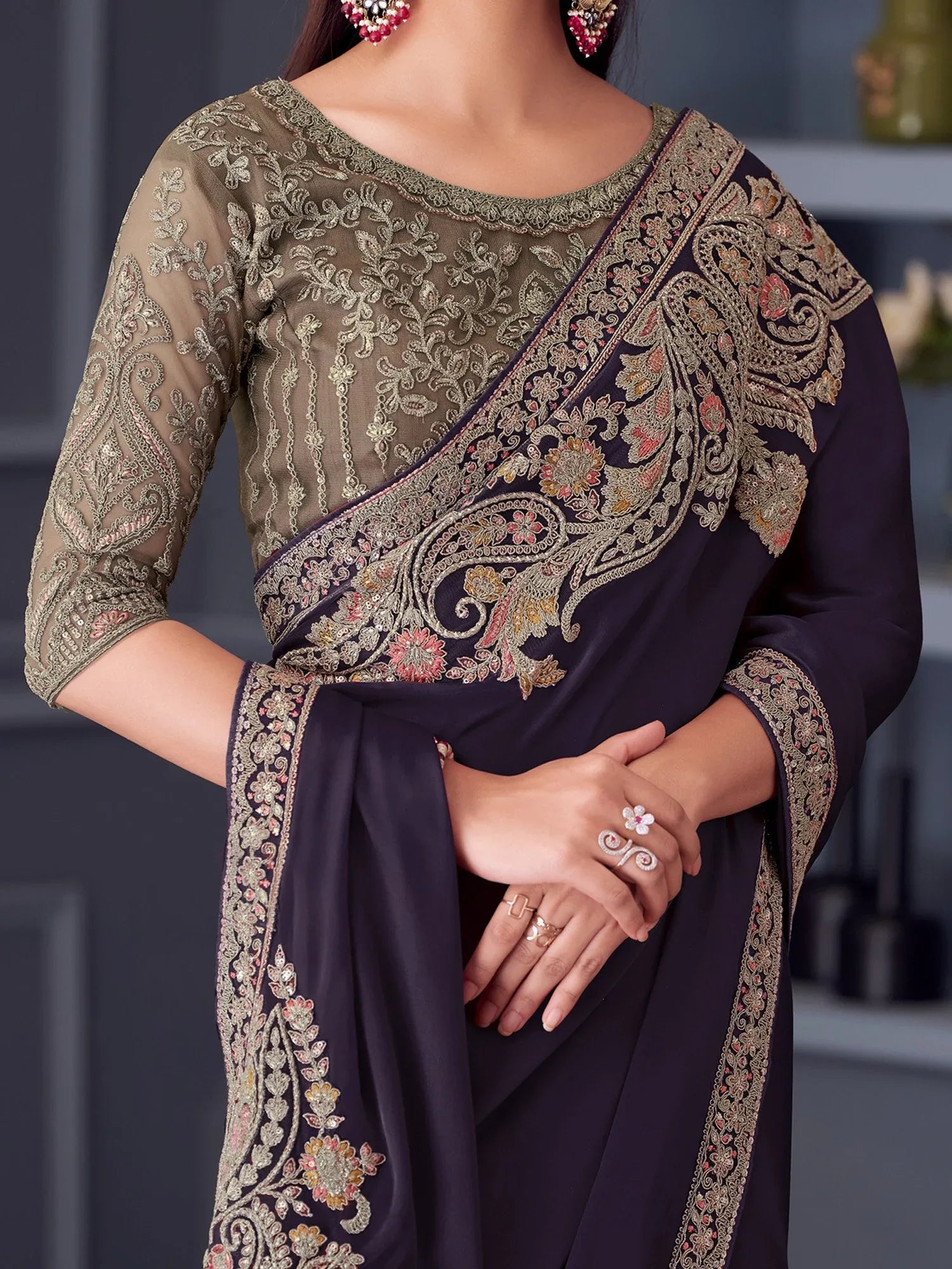 Violet Party Wear Satin Embellished Saree