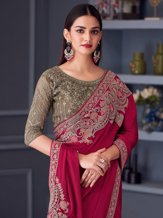 Pink Pink Party Wear Satin Embellished Saree