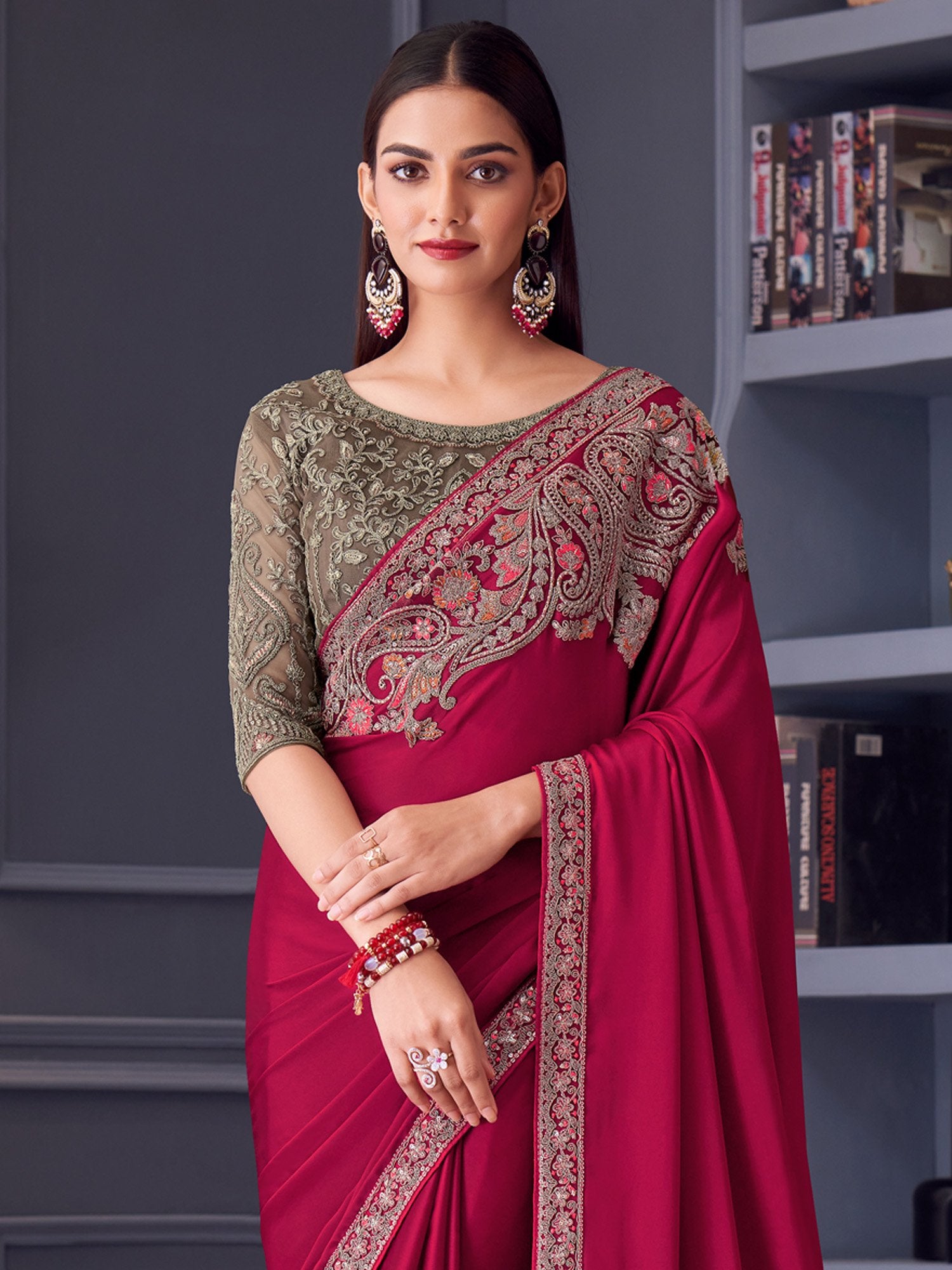 Pink Party Wear Satin Embellished Saree