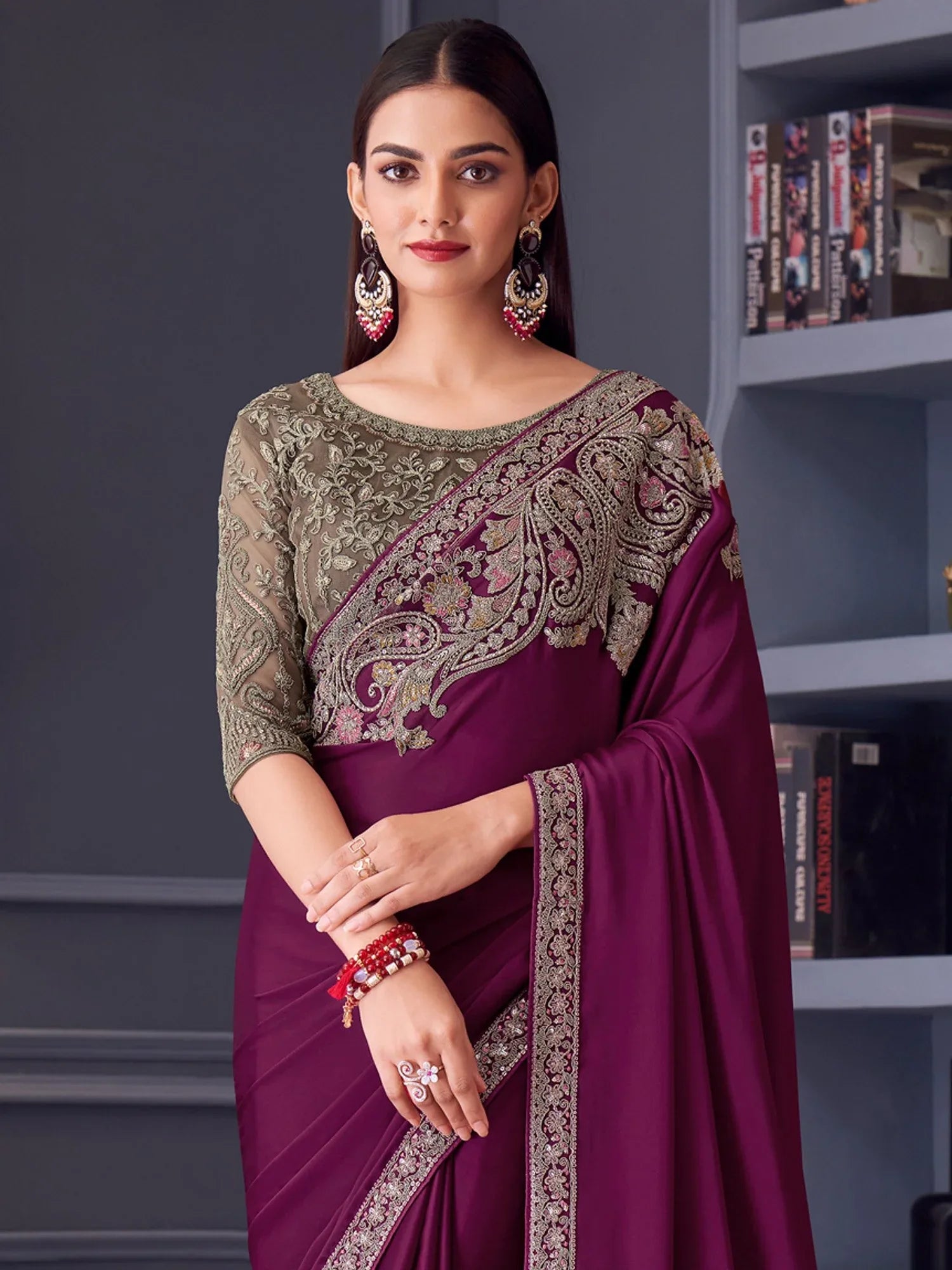 Magenta Party Wear Satin Embellished Saree - The Dori Store