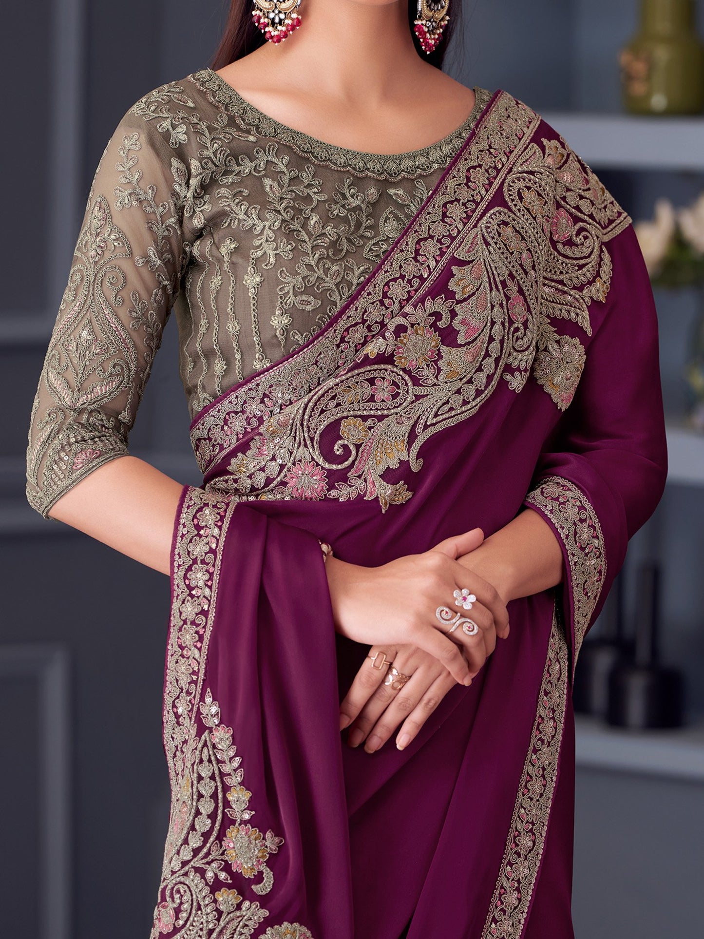 Magenta Party Wear Satin Embellished Saree