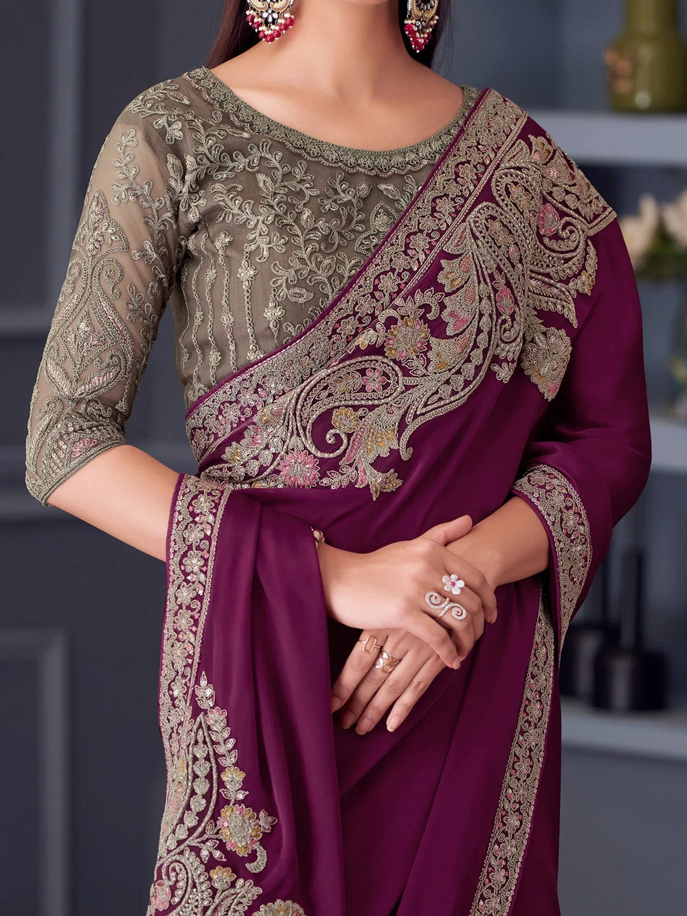 Magenta Party Wear Satin Embellished Saree - The Dori Store