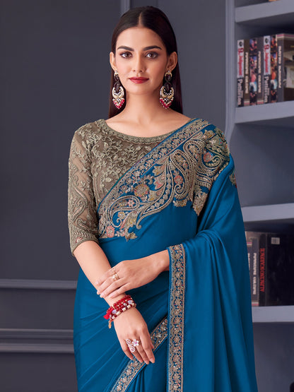Blue Party Wear Satin Embellished Saree