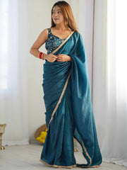 Teal Blue Party Wear Tissue Embellished Saree
