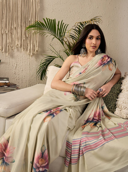 Beige Block Print Georgette Printed Saree
