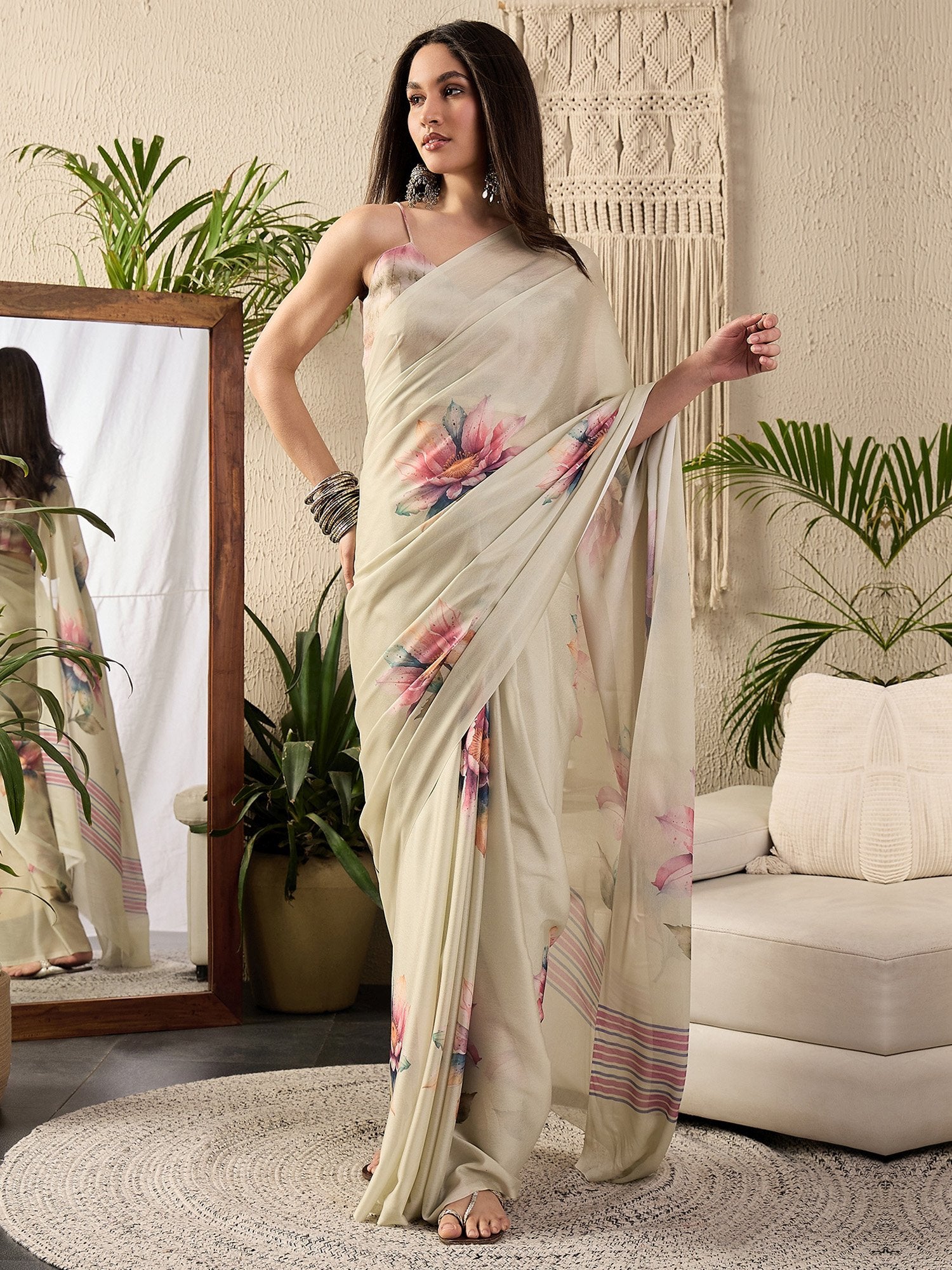 Cream Beige Block Print Georgette Printed Saree