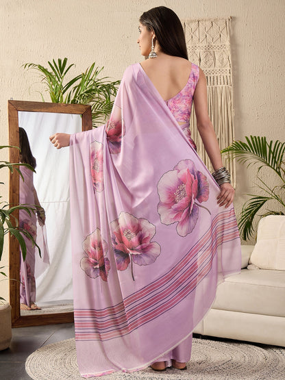 Mauve Block Print Georgette Printed Saree