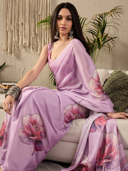 Mauve Block Print Georgette Printed Saree