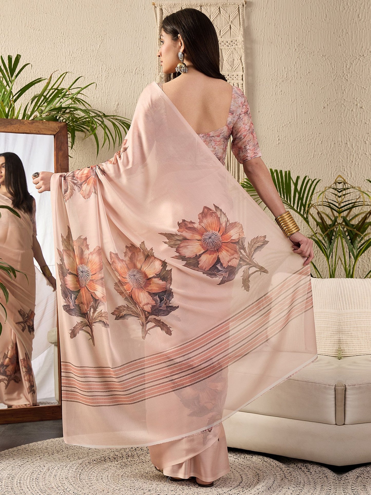 Beige Block Print Georgette Printed Saree