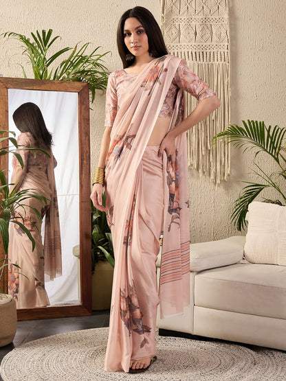 Beige Block Print Georgette Printed Saree