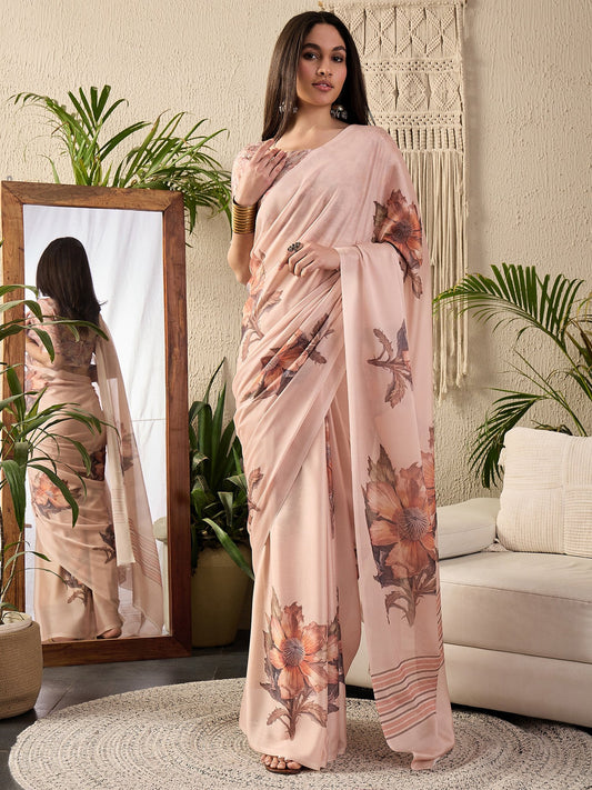 Cream Beige Block Print Georgette Printed Saree
