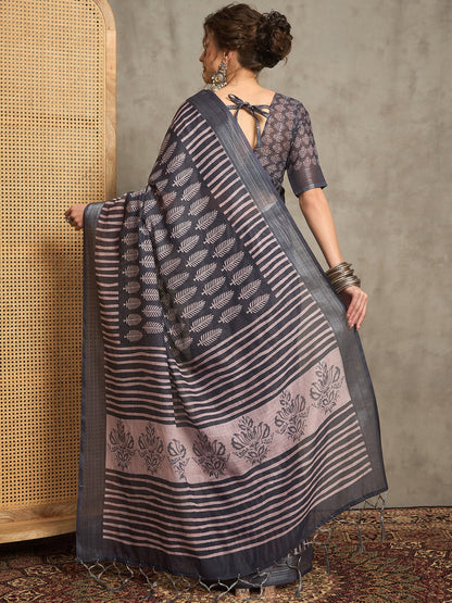 Charcoal Bagh Linen Printed Saree