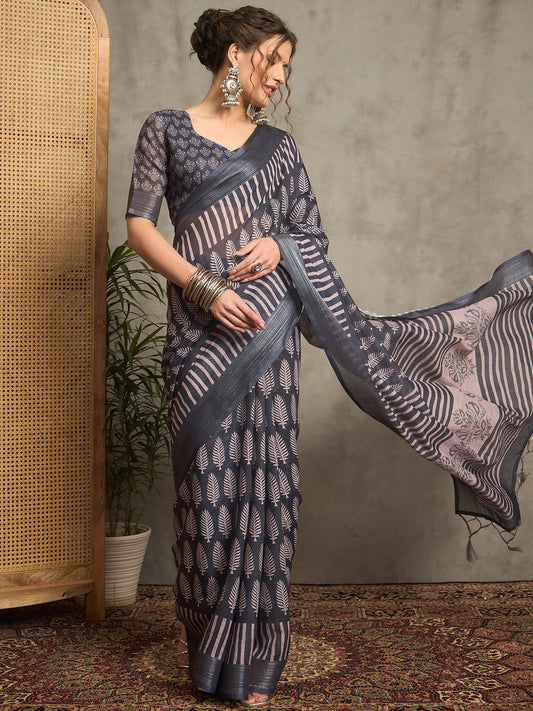 Grey Charcoal Bagh Linen Printed Saree