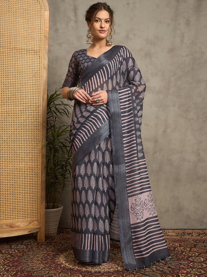 Charcoal Bagh Linen Printed Saree