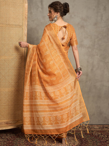 Orange Bagh Linen Printed Saree