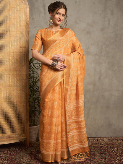 Orange Bagh Linen Printed Saree