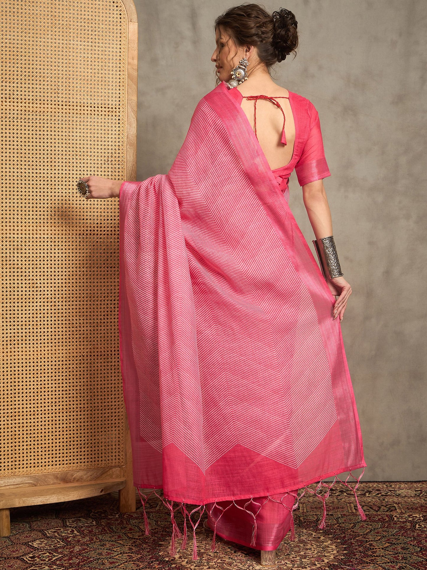 Pink Block Print Linen Printed Saree