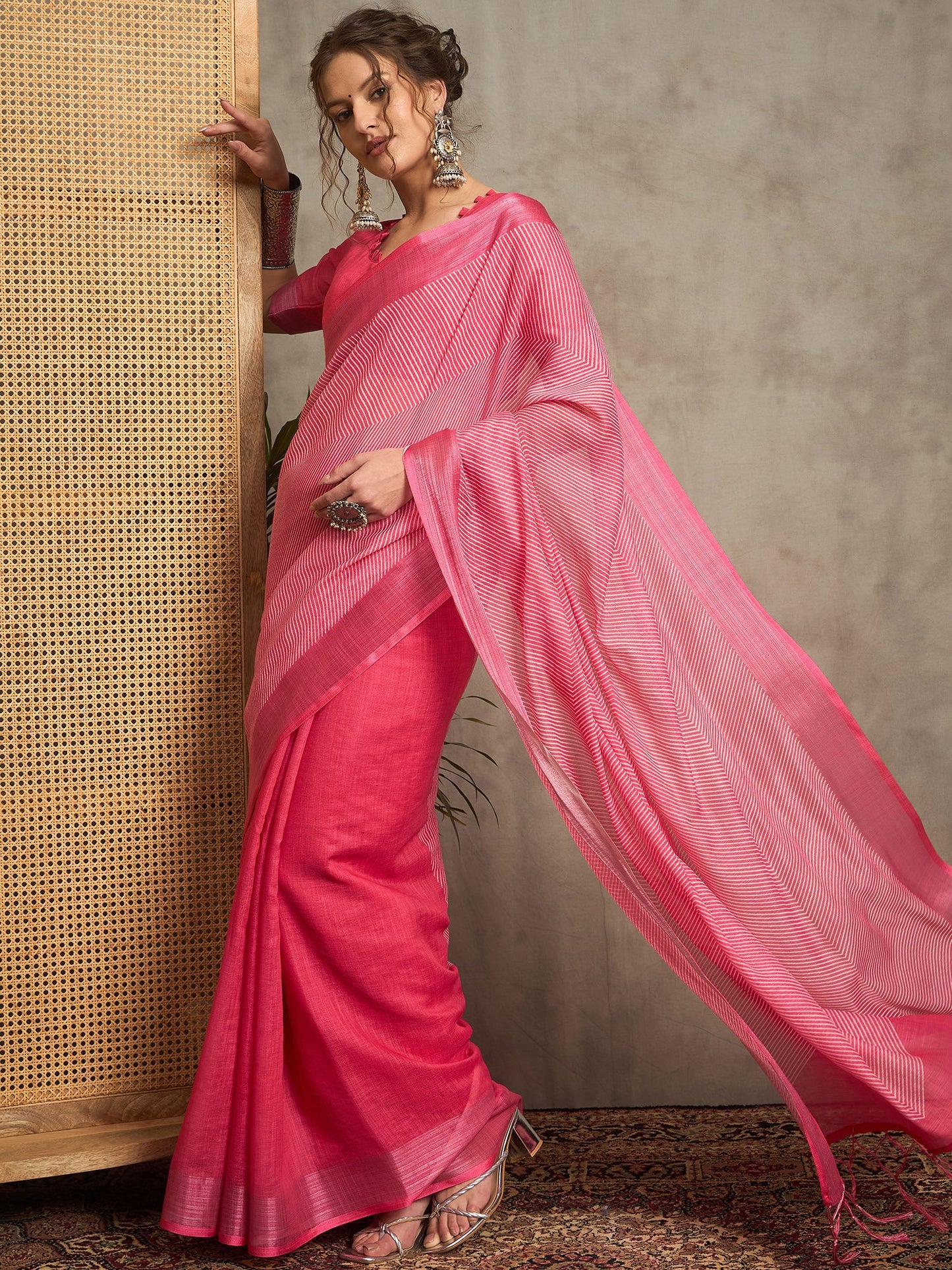 Pink Pink Block Print Linen Printed Saree