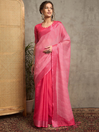 Pink Block Print Linen Printed Saree