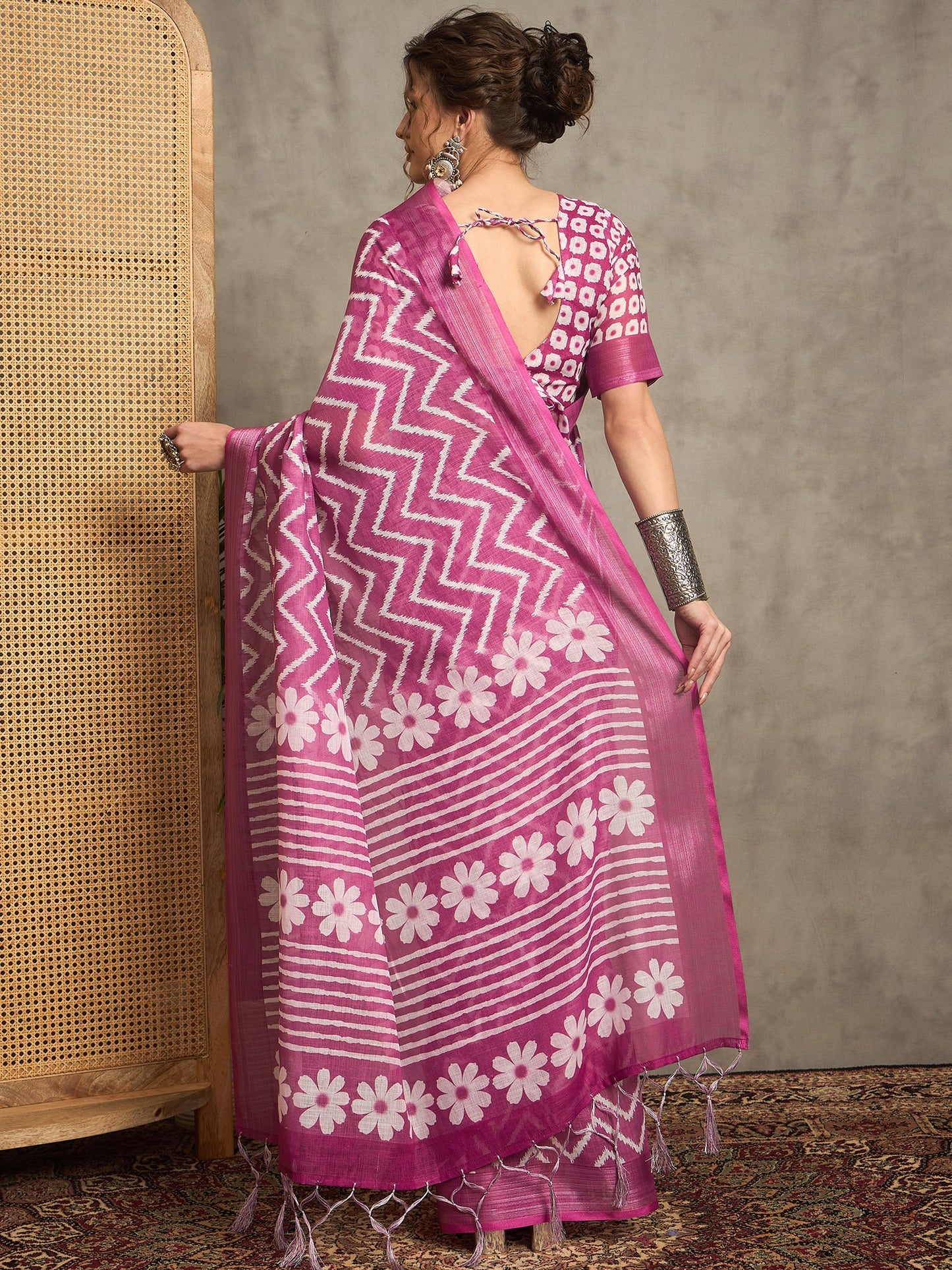 Pink Block Print Linen Printed Saree