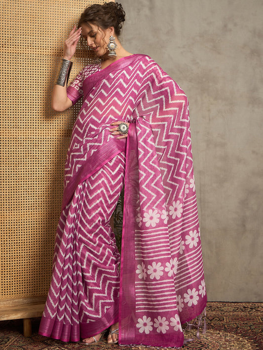 Pink Pink Block Print Linen Printed Saree