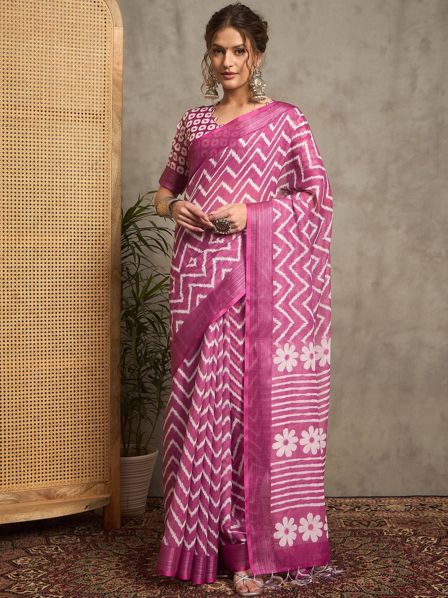 Pink Block Print Linen Printed Saree