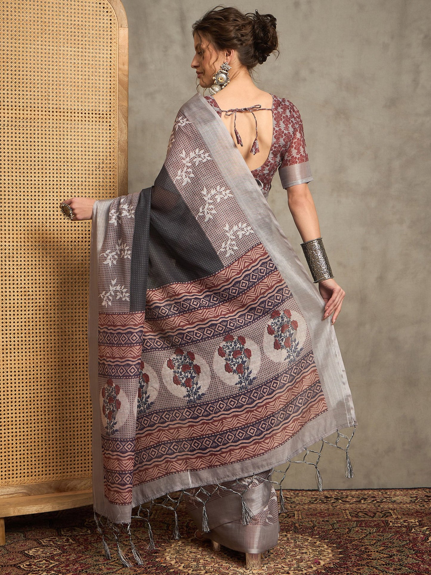 Black Block Print Linen Printed Saree