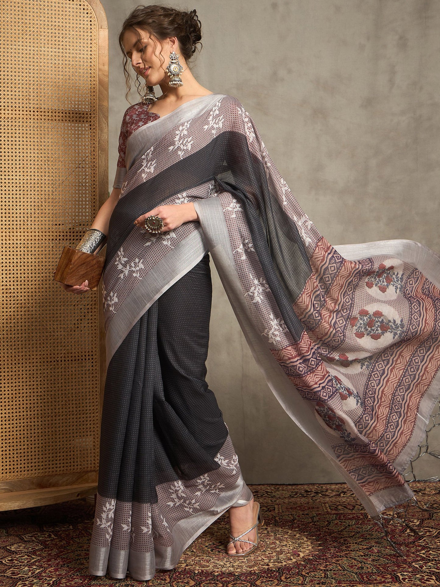 Black Block Print Linen Printed Saree