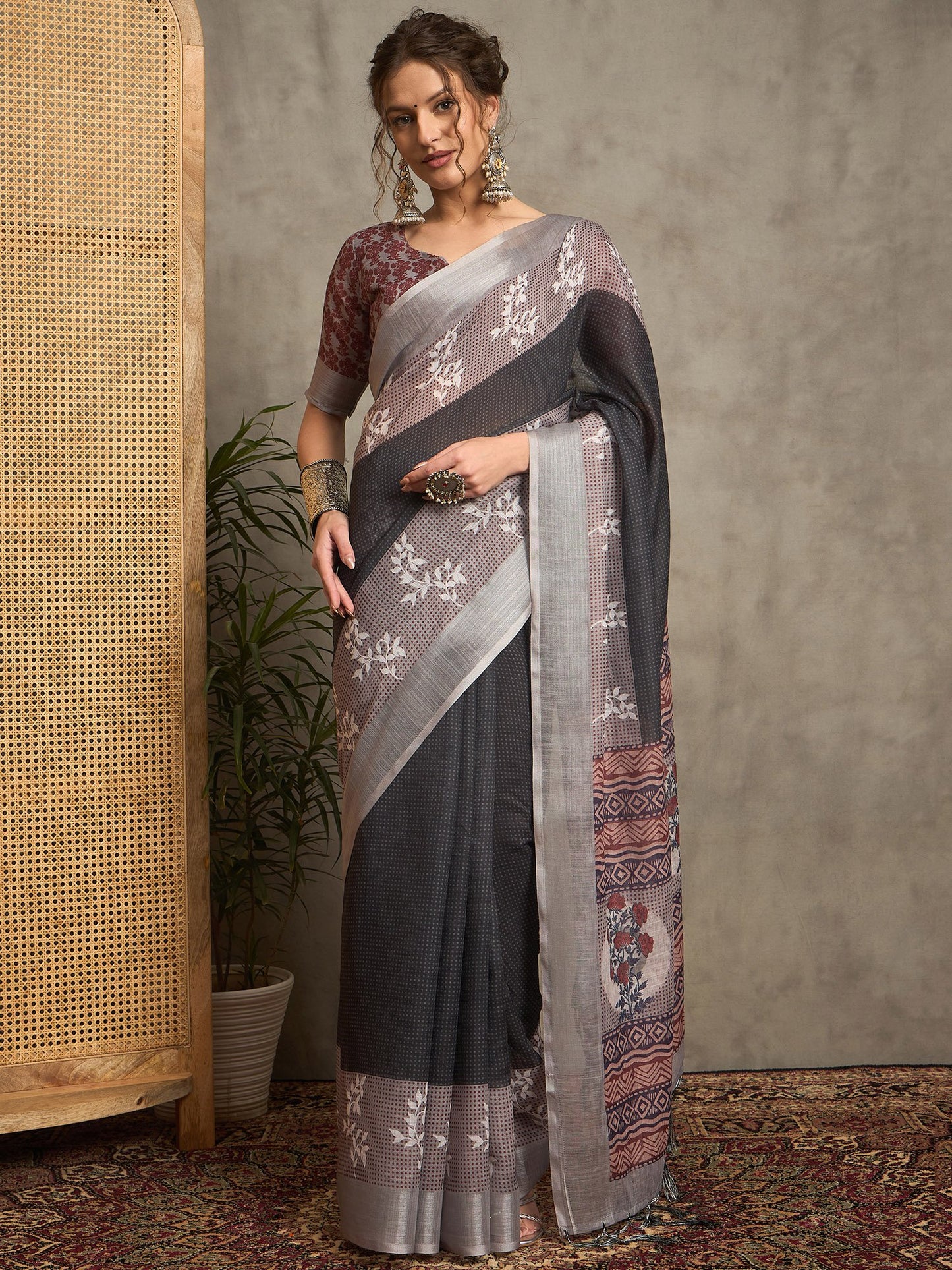 Black Black Block Print Linen Printed Saree
