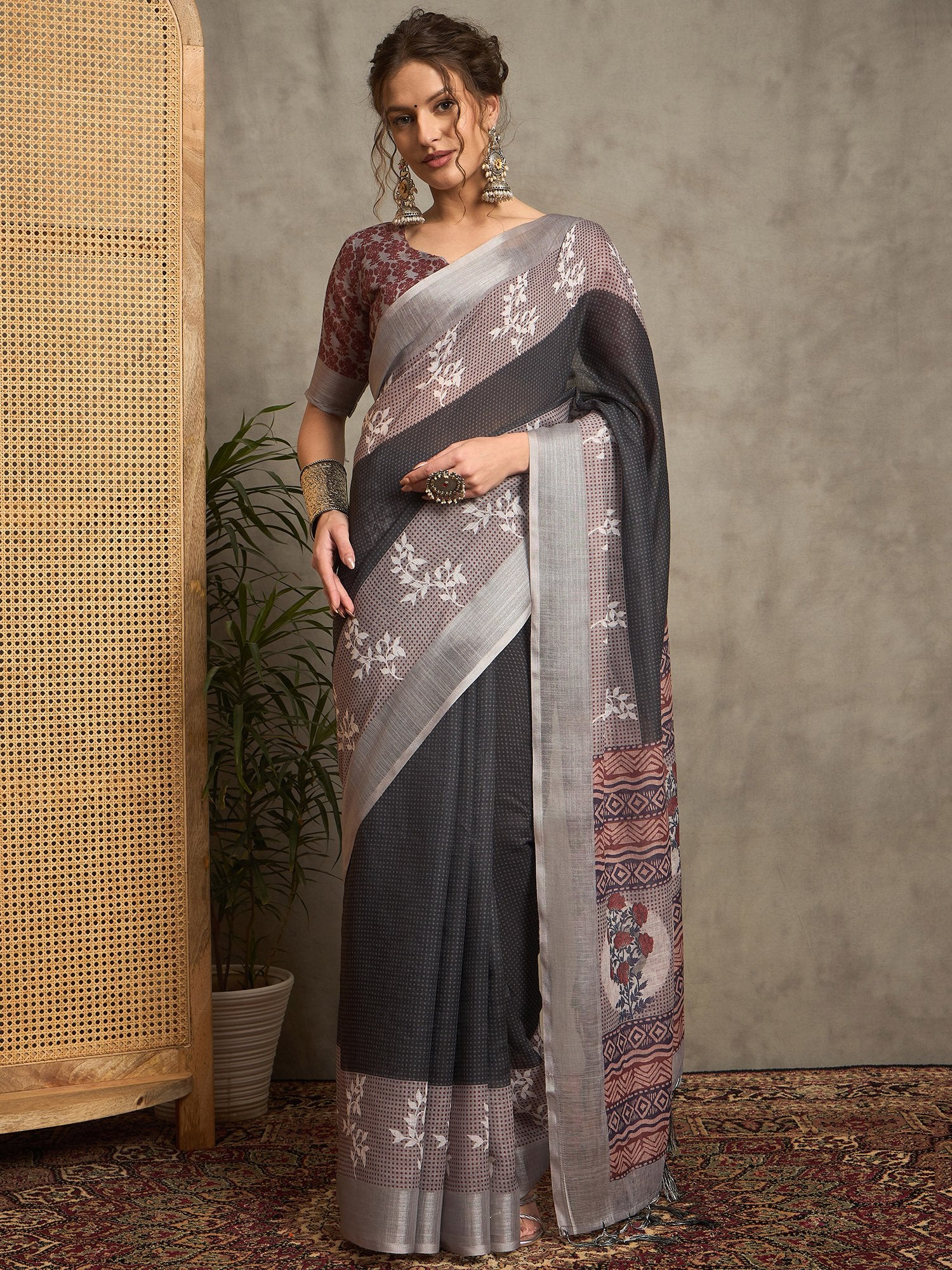 Black Black Block Print Linen Printed Saree