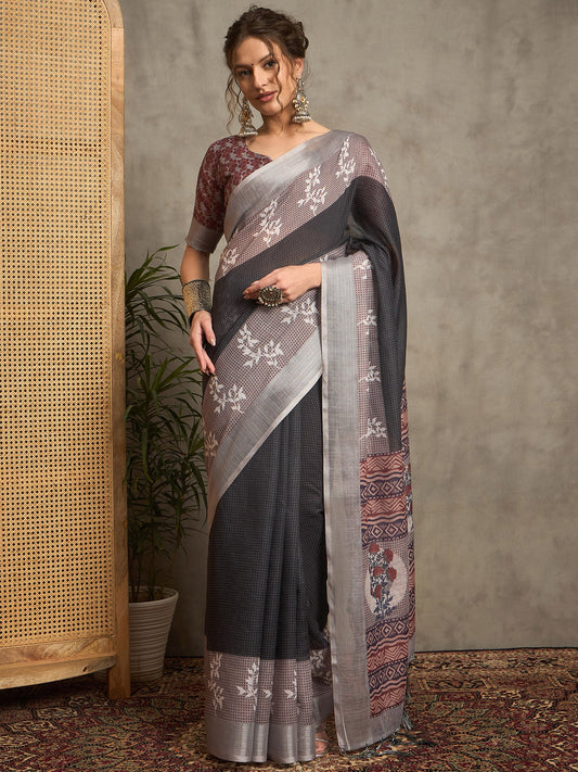 Black Black Block Print Linen Printed Saree